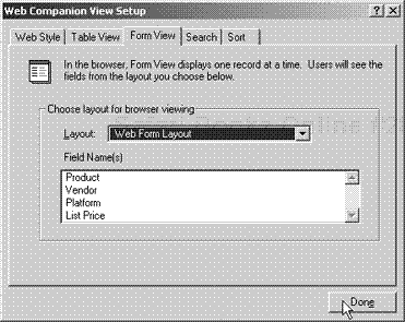 To set how the Web Companion displays single records, click the Form View tab and use the Layout pop-up menu.