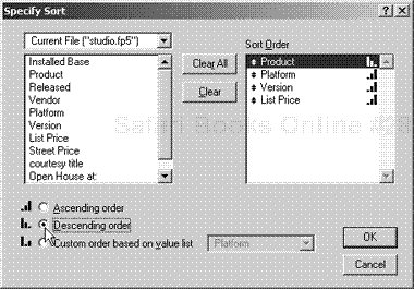 To control the sort yourself, choose the third radio button in Figure 18.22 and use the buttons in the Specify Sort dialog box.