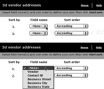 Top: If you forget to enable sorting, Web users will see a pop-up menu only listing None. Bottom: With sorting enabled, users can select a field to sort.