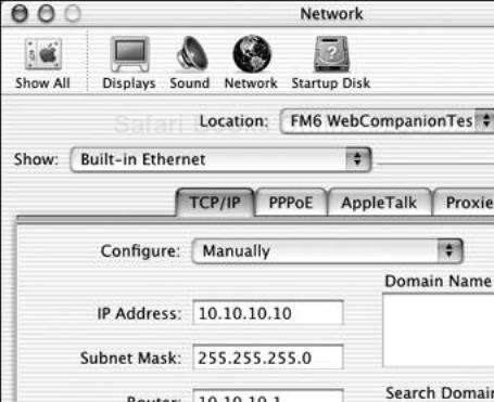 In the TCP/IP tab, set the Configure pop-up menu to Manually, type 10.10.10.10 into the IP Address text window and 10.10.10.1 into the Router text window, and click Apply Now.