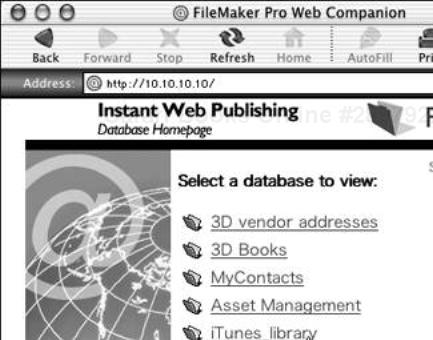 FileMaker’s Instant Web Publishing Database Homepage will appear in the browser window.