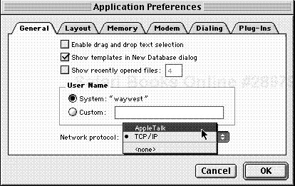 Back in FileMaker, use the Application Preferences dialog box to switch your Network protocol to AppleTalk. Restart FileMaker after you click OK.