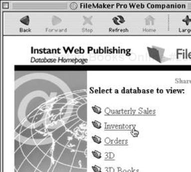 The Instant Web Publishing Database Homepage appears with all your shared FileMaker databases.