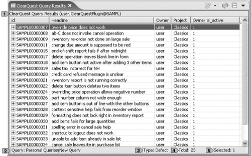 ClearQuest Query Results view