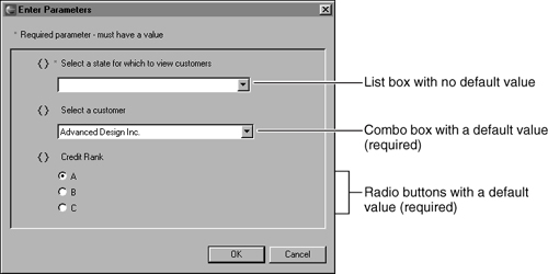 Three types of selection elements in Enter Parameters