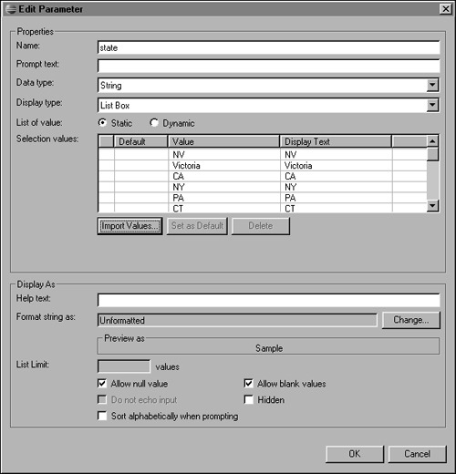 Imported values in Edit Parameter