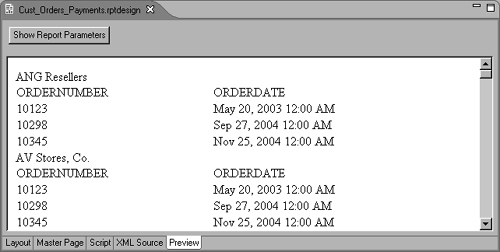 Preview of the report shows repeated order records