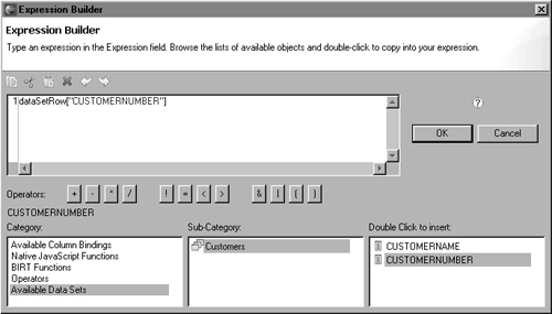 Expression Builder shows the column-binding expression