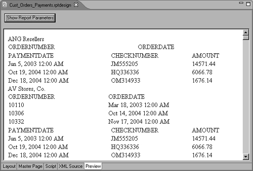 Report preview shows repeated payments records