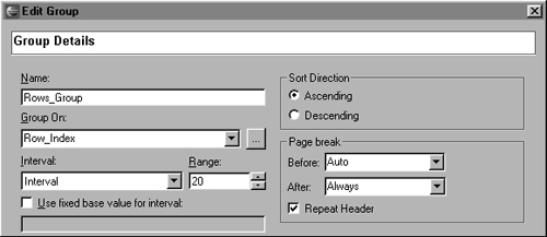 Property settings for grouping by a number of rows