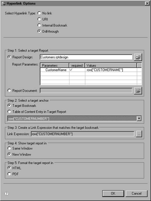 Hyperlink options for a link that passes a parameter