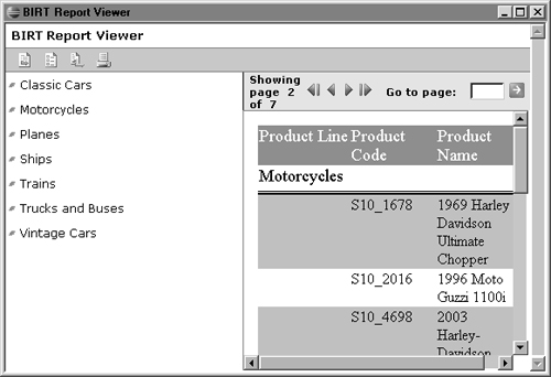 Report viewer with Product Line table of contents