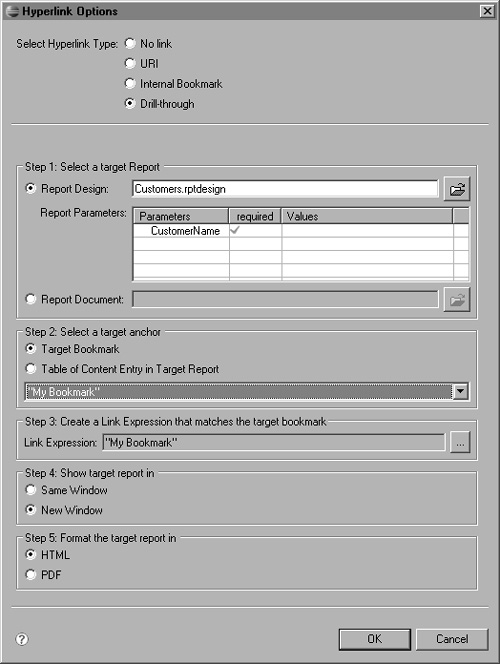 Hyperlink options linking a chart to a report