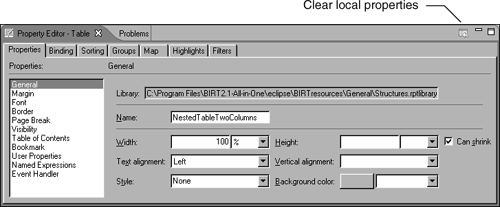 The property editor for a table element from a library