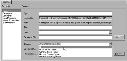 Selecting a theme in the property editor