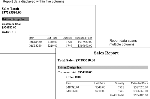 Two reports, one without column spanning, one with column spanning