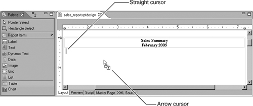 Straight cursor and arrow cursor indicate placement of an element