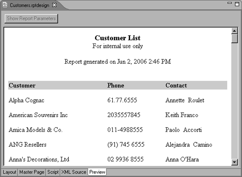 Report preview, showing formatted report title