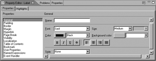 Property Editor, showing categories of properties for a label element