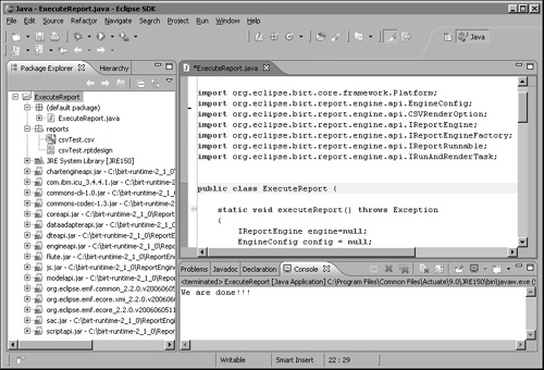 The report execution project in the Eclipse run-time workbench