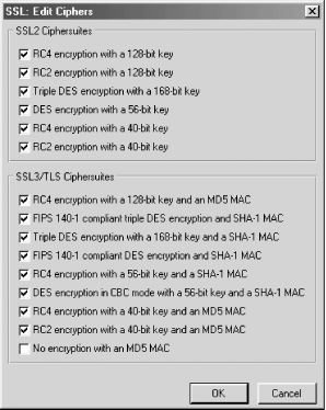 The Edit Ciphers panel allows you to control which encryption ciphers Netscape Navigator will offer to the remote system.