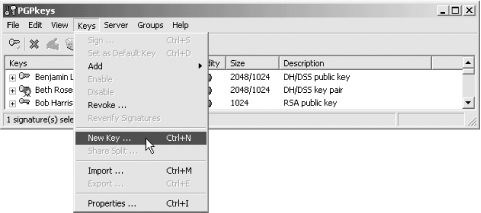 To create a new PGP key, select the “New Key...” option from the “Keys” menu of the PGPkeys application program