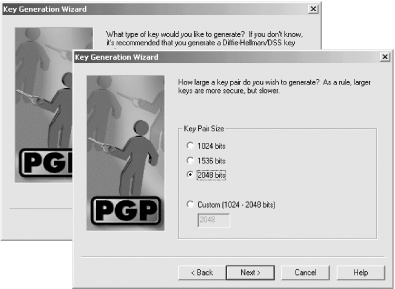 After you have given the PGP Key Generation Wizard your name, you will be asked to choose whether you are creating a Diffie-Helman/DSS key or an RSA key. Although PGP recommends that you use a Diffie-Helman key, such keys are not compatible with older versions of PGP. After you choose which algorithm the key will use, you can choose the key’s size.