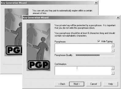 The PGP Key Generation Wizard allows you to specify when your key automatically expires. Although this is useful in high-security applications, most users won’t use this feature. After you choose an expiration time, you are prompted for a passphrase. PGP shows a passphrase rating.