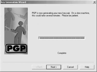 Once all of the parameters of the key have been entered, the PGP Key Generation Wizard creates a key pair.