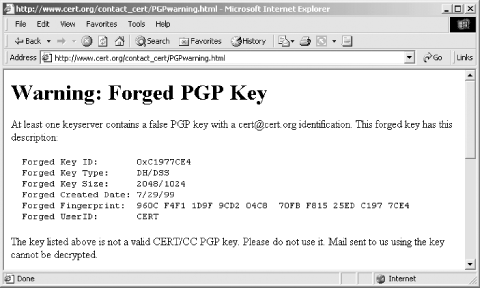 CERT/CC issued a warning about a fraudulent PGP key with CERT/CC’s name that was put on the PGP key server.