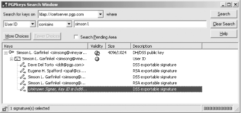 Simson’s key on the PGP key server has five signatures on it.