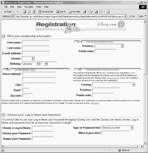 Disney’s registration page for adults asks for name, email address, gender, and birthday, in addition to mailing address. Many people are surprised how identifying even simple demographic information can be. For example, in many cases a person can be uniquely identified by day of birth (without the year) and Zip code.