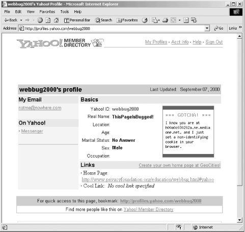 A Yahoo profile that was bugged with a web bug by the Privacy Foundation