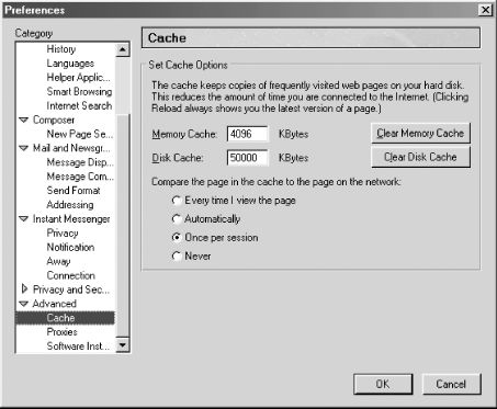 Buttons on Netscape Preferences panel allow you to clear the cache