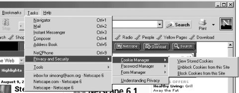 Netscape’s Cookie Manager is accessed through the “Privacy and Security” submenu of the Tasks menu.