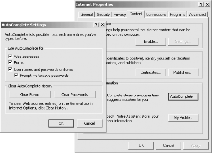 Internet Explorer’s AutoComplete Settings panel allows you to control where AutoComplete is used. You can also clear AutoComplete information for forms and/or passwords.