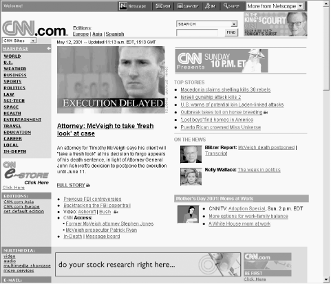 The CCN.com home page on May 12, 2001. This page contains four advertisements.