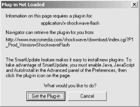 The Plug-in Not Loaded page for Netscape Navigator 6.0 suggests that the user enable Java, JavaScript, and AutoInstall, but it does not warn the user about the potential security risks of doing so—or of downloading the plug-in itself.
