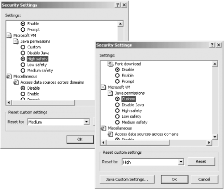 The Internet Explorer Security Settings panel allows you to change the security policy for the Microsoft Java virtual machine. If you select the Custom option, a button will appear allowing you to specify custom policy attributes.