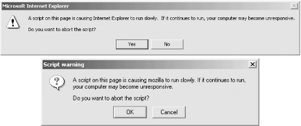 Although early versions of Internet Explorer and Netscape Navigator (a.k.a. Mozilla) did not properly handle JavaScript-based denial-of-service attacks, the current versions will display these warnings if they are asked to execute a script that takes too much time.