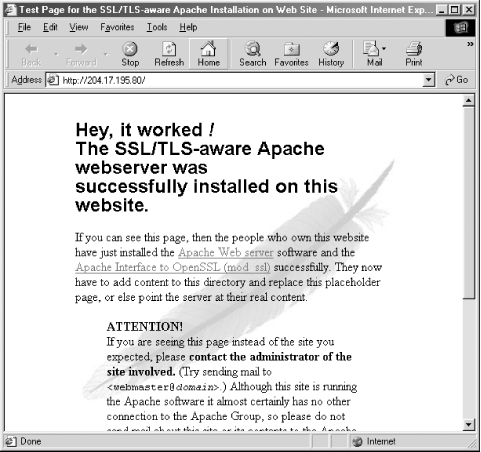 Verify that the web server you installed works to serve HTTP connections by going to the server’s IP address with a web browser.