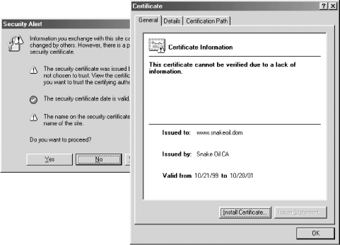 Internet Explorer warns that the “Snake Oil” certificate is not valid. If you choose to view the certificate, you’ll see it is issued by the Snake Oil CA for the domain www.snakeoil.dom.