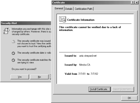 We get a different security alert after the unix.vineyard.net certificate is loaded onto the mod_ssl apache web server. If you click on the Certification Path tab, you’ll be told “The issuer of this certificate was not able to be found,” because no certificate for the Nitroba CA is on file.