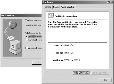 When you visit , the Nitroba CA certificate is downloaded. Internet Explorer allows you to open the certificate or save it. If you open the certificate, IE will display the Certificate Information and allow you to install the certificate.