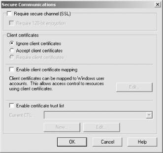 The Secure Communications window allows you to manage the SSL certificate installed on your copy of IIS