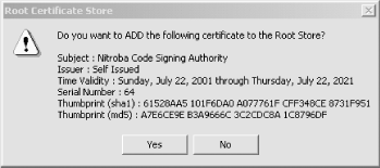 Internet Explorer confirms whether or not you wish to add the certificate. Notice that even though we specified certificate Serial Number 100, the serial number that was added is 64.