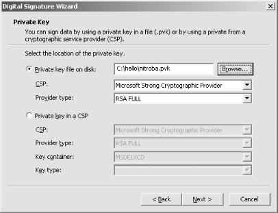 After a certificate is chosen, you can choose which private key to use. The private key must match the certificate that was previously chosen.