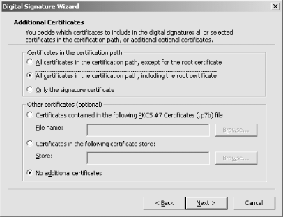 The Additional Certificates panel of the Digital Signature Wizard allows you to add multiple certificates to a signed binary.