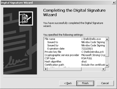 When you are finished with the Digital Signature Wizard, all of the parameters will be displayed in a scroller