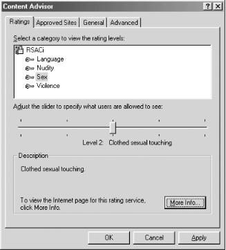 Internet Explorer’s Content Advisor uses RSACi to allow users to select the maximum permissible rating for each web page that is downloaded.